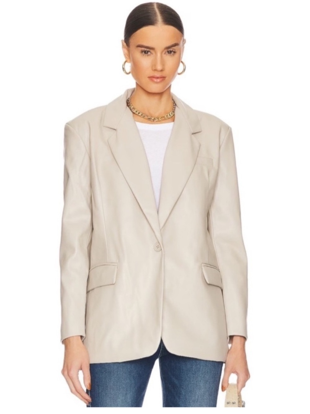 BLANKNYC Faux Leather Blazer Jacket Medium Cream Beige Bare Essentials Oversized
